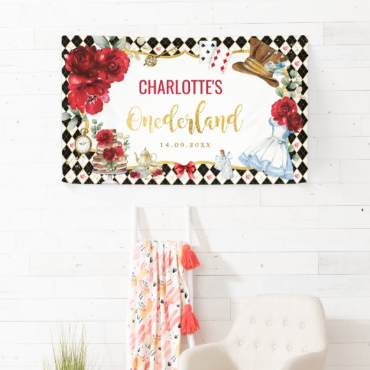 Alice in Onederland Birthday Black Red Gold Floral Spandoek (Insitu)