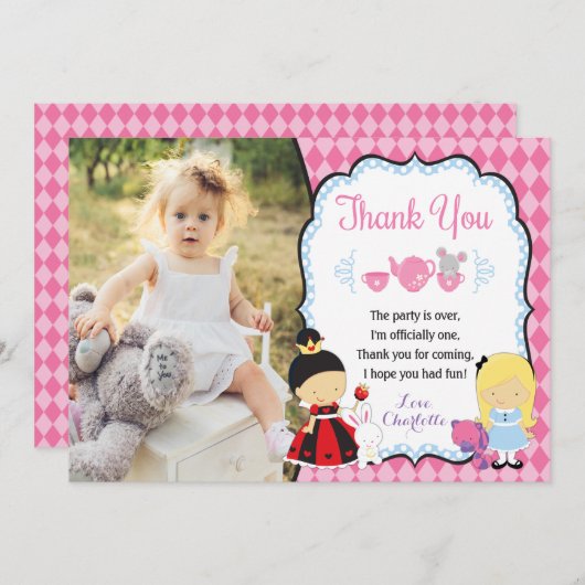 Alice in ONEderland Birthday - Hartelijk dank Bedankkaart (Voorkant / Achterkant)