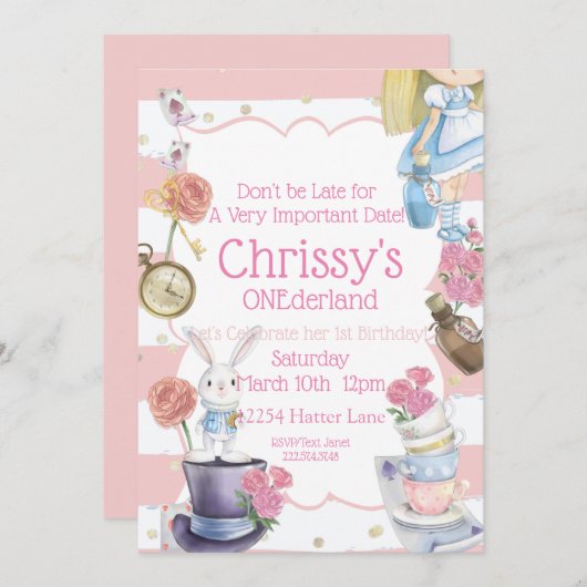 Alice in ONEderland Birthday Invitation Kaart (Voorkant / Achterkant)