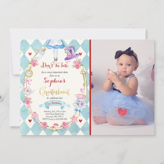 Alice in ONEderland Birthday Invitation Tea Party Kaart (Voorkant)