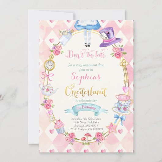 Alice in ONEderland Birthday Invitation Tea Party Kaart (Voorkant)
