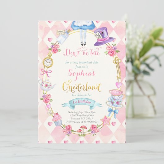 Alice in ONEderland Birthday Invitation Tea Party Kaart (Staand voorkant)