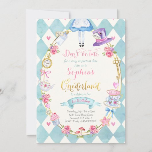 Alice in ONEderland Birthday Invitation Tea Party Kaart (Voorkant)
