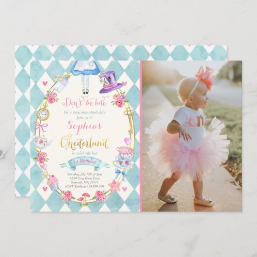 Alice in ONEderland Birthday Invitation Tea Party Kaart (Voorkant / Achterkant)