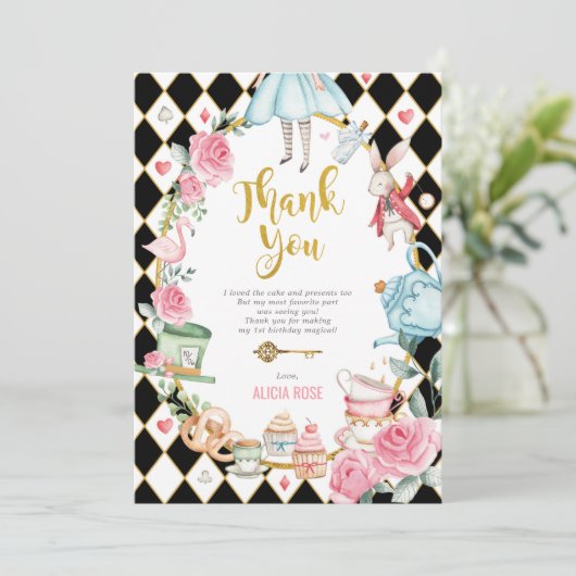 Alice in Onederland Birthday Party Hartelijk dank Kaart (Staand voorkant)