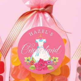 Alice in Onederland Bloemen & Blauwe Jurk Verjaard Ronde Sticker