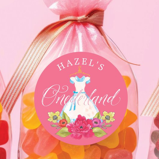 Alice in Onederland Bloemen & Blauwe Jurk Verjaard Ronde Sticker