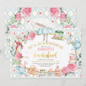 Alice in Onederland Blue Pink Birthday Tea Party Kaart (Voorkant / Achterkant)