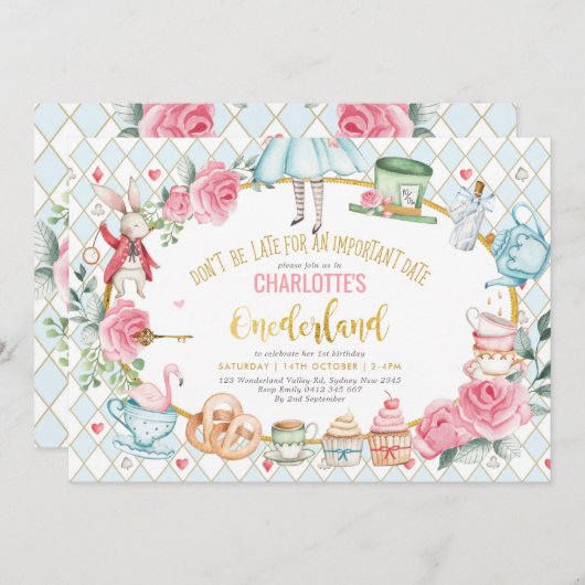 Alice in Onederland Blue Pink Birthday Tea Party Kaart (Voorkant / Achterkant)