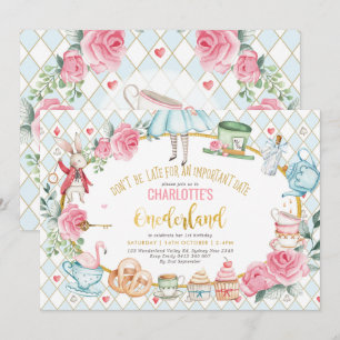 Alice in Onederland Blue Pink Birthday Tea Party Kaart