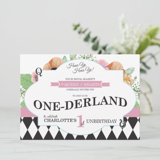 Alice in Onederland eerste uitnodiging op de dag v (Staand voorkant)