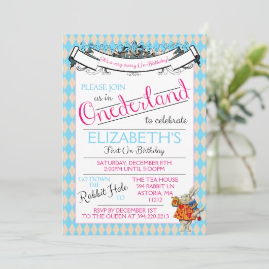 Alice in Onederland Eerste Verjaardag Uitnodiging (Staand voorkant)