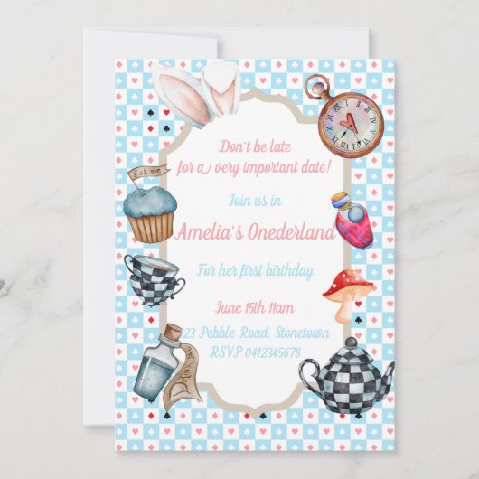 Alice in Onederland Eerste Verjaardag Uitnodiging (Voorkant)