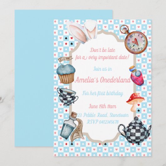 Alice in Onederland Eerste Verjaardag Uitnodiging (Voorkant / Achterkant)