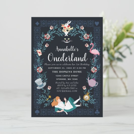 Alice in Onederland Kinder 1e verjaardag Uitnodigi Kaart (Staand voorkant)
