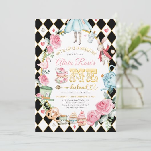 Alice in ONEderland Mad Hatter Tea Party Birthday Kaart (Staand voorkant)