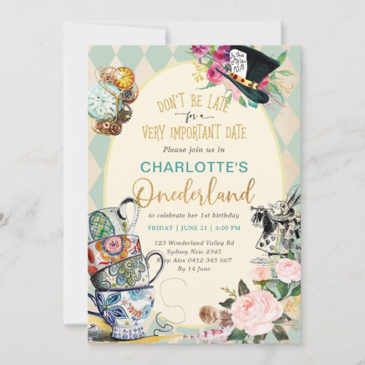 Alice in Onederland Mad Tea 1e verjaardag Kaart (Voorkant)