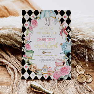 Alice in Onederland Mad Tea Party 1e verjaardag Folie Uitnodiging