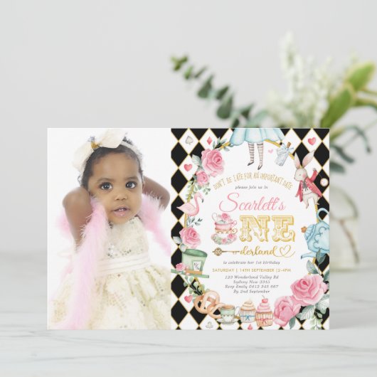 Alice in ONEderland Mad Tea Party 1st Birthday Kaart (Staand voorkant)