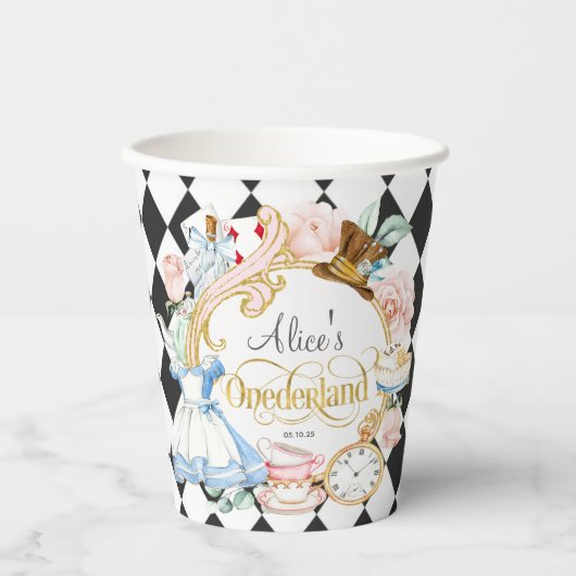 Alice in Onederland, meisje 1 verjaardag Papieren Papieren Bekers (Voorkant)