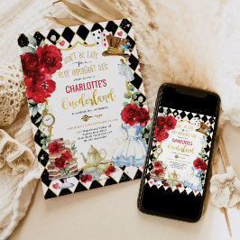 Alice in Onederland Red Roses 1st Birthday Tea Kaart