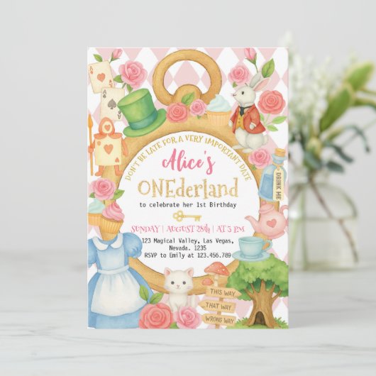 Alice in Onederland Tea Party Girl First Birthday Kaart (Staand voorkant)