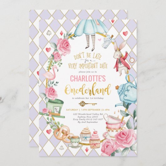 Alice in Onederland Verjaardag Mad Tea Party Paars Kaart (Voorkant / Achterkant)