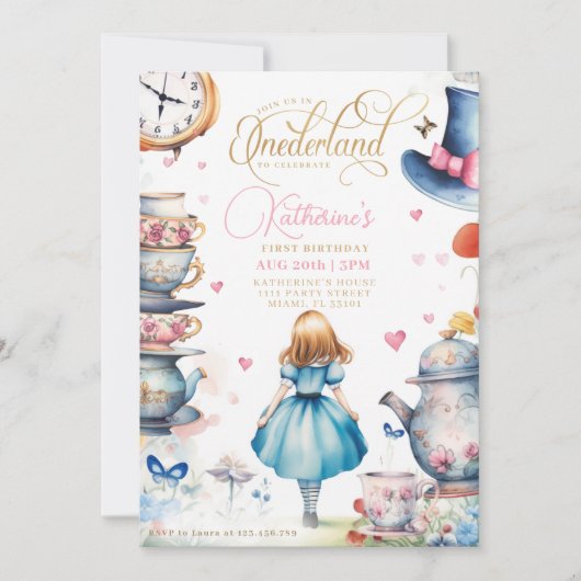 Alice in Onederland Verjaardag Tea Party Kaart (Voorkant)