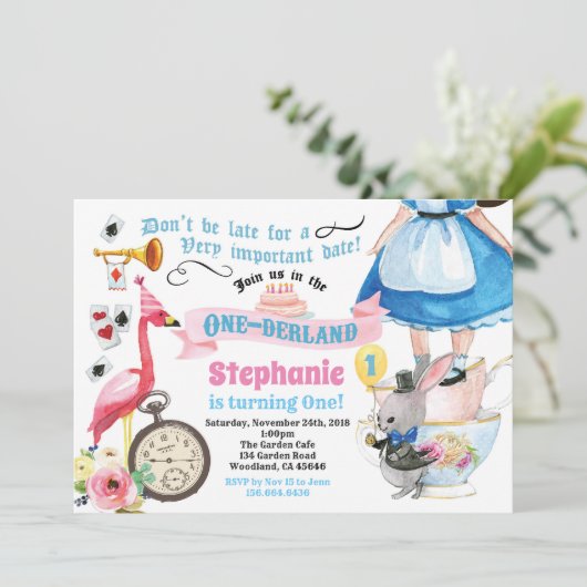 Alice in OneDerland verjaardagsfeestje blauw Kaart (Staand voorkant)