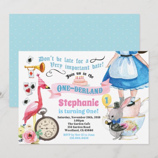 Alice in OneDerland verjaardagsfeestje blauw Kaart (Voorkant / Achterkant)