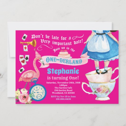 Alice in OneDerland verjaardagsfeestje heet roze Kaart (Voorkant)