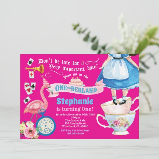 Alice in OneDerland verjaardagsfeestje heet roze Kaart (Staand voorkant)