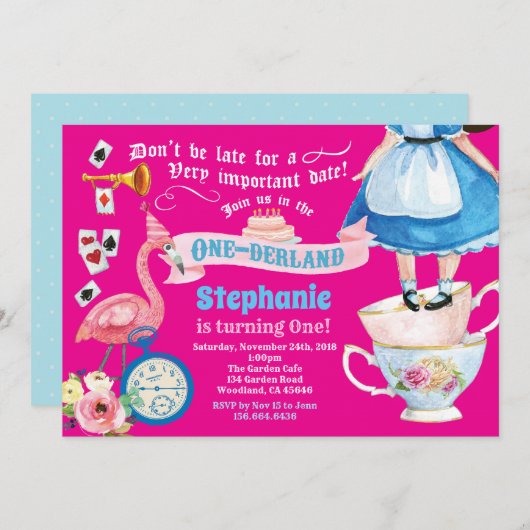 Alice in OneDerland verjaardagsfeestje heet roze Kaart (Voorkant / Achterkant)