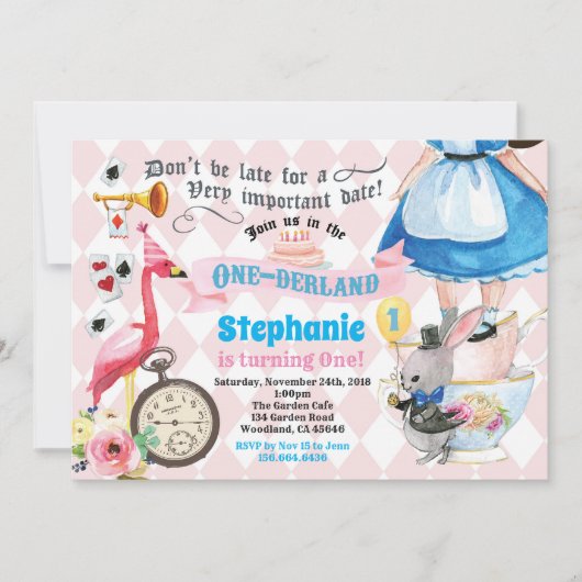 Alice in OneDerland verjaardagsfeestje roze Kaart (Voorkant)