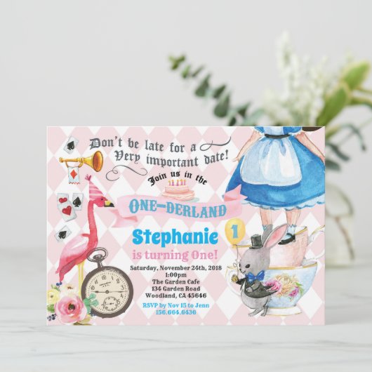 Alice in OneDerland verjaardagsfeestje roze Kaart (Staand voorkant)