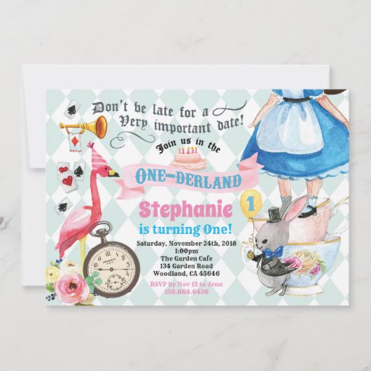 Alice in OneDerland verjaardagsfeestje roze Kaart (Voorkant)