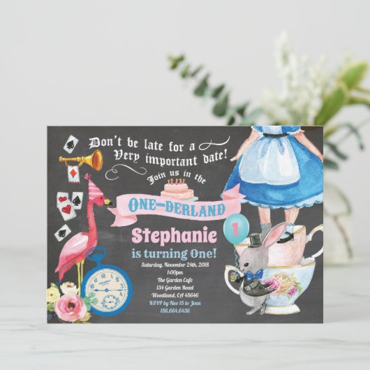 Alice in ONEderland verjaardagstheebord Kaart (Staand voorkant)