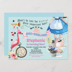 Alice in ONEderland verjaardagstheefeestje blauw Kaart