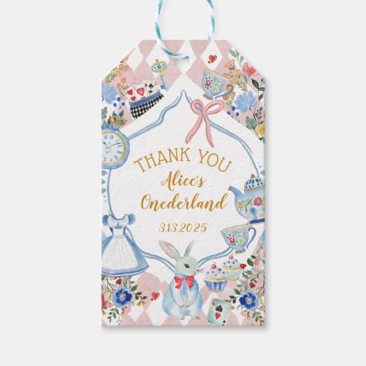 Alice in Onederland Whimsical Verjaardag Bedankt Cadeaulabel (Voorkant)