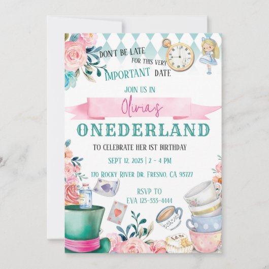 Alice in Onederland Wonderland Uitnodiging tot ver (Voorkant)