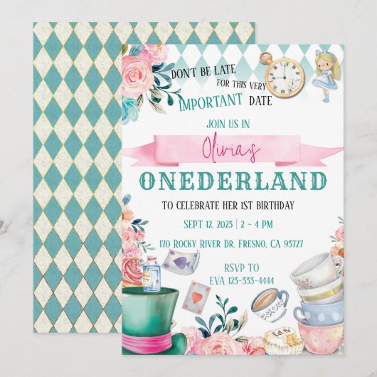 Alice in Onederland Wonderland Uitnodiging tot ver (Voorkant / Achterkant)