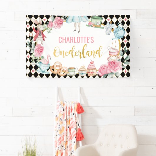 Alice in Onederland - Zwarte Roze achtergrond Spandoek (Insitu)