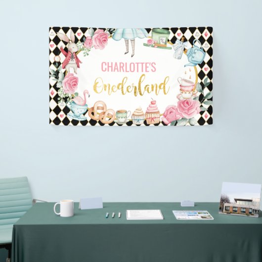 Alice in Onederland - Zwarte Roze achtergrond Spandoek (Beurs)