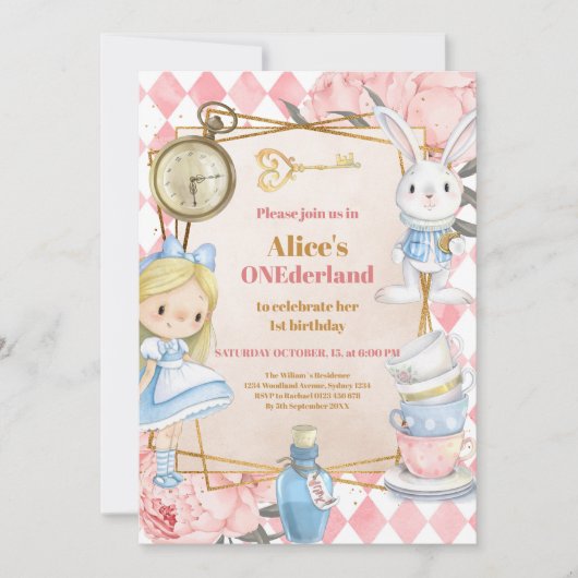 Alice in Wonderland 1e verjaardag Onederland thee Kaart (Voorkant)
