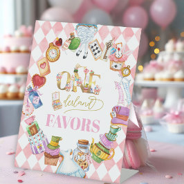 Alice in Wonderland 1e verjaardag Pink Favors Reclamebord Met Voetstuk