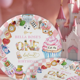 Alice in Wonderland 1e verjaardag Roze  Papieren Bordje