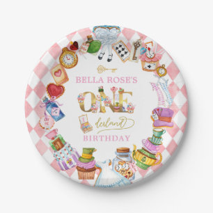 Alice in Wonderland 1e verjaardag Roze  Papieren Bordje