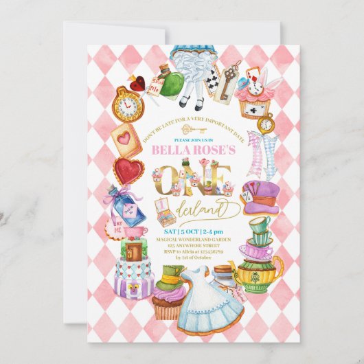 Alice in Wonderland 1e verjaardag Roze Uitnodiging (Voorkant)