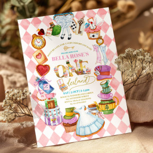 Alice in Wonderland 1e verjaardag Roze Uitnodiging