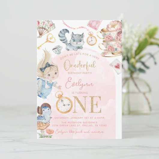 Alice in Wonderland 1e Verjaardag Tea Party Kaart (Staand voorkant)